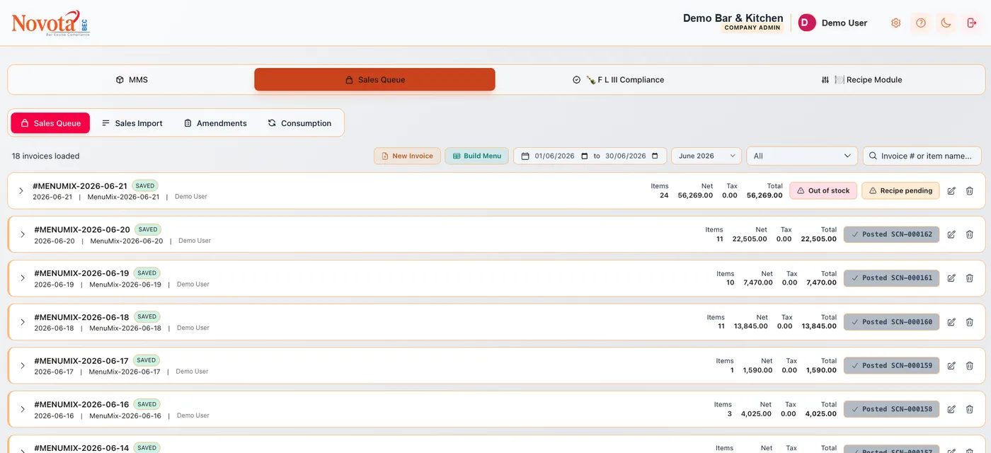 Sales queue with daily menu-mix imports, posted entries, and out-of-stock and recipe-pending flags