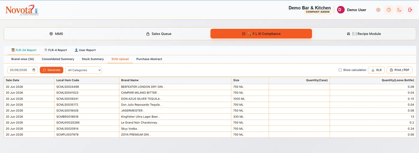 SCM upload for a sale date with local item codes and loose-bottle quantities