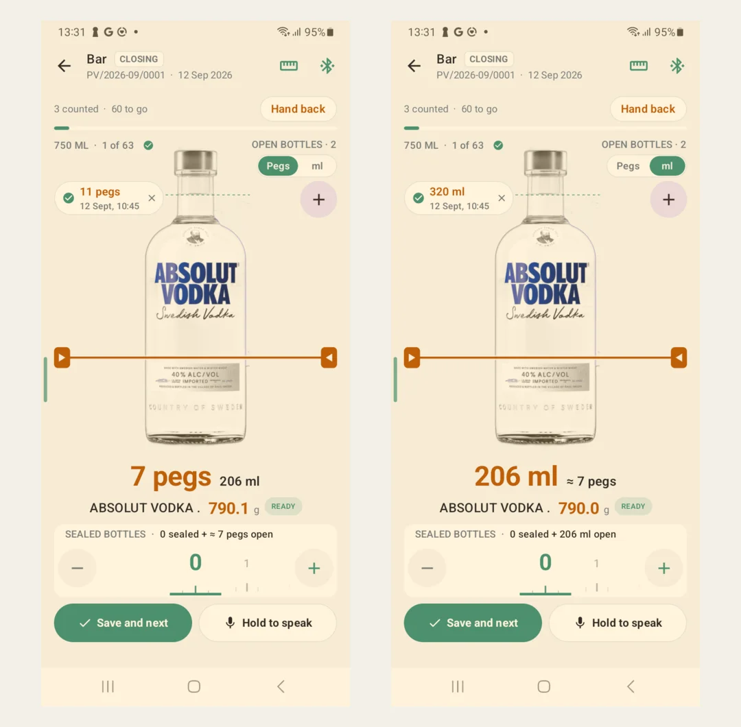 BVR count screen for Absolut Vodka showing 7 pegs and 206 ml from a 790 g scale reading