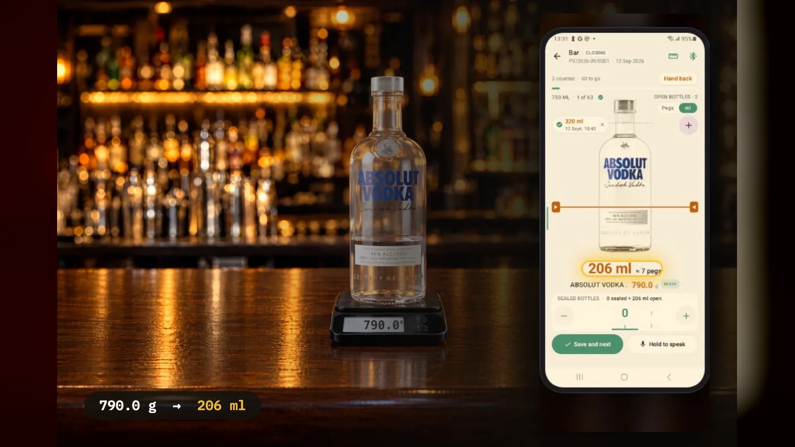 A bottle of Absolut on a scale reading 790.0 g, with a phone showing 206 ml, about 7 pegs