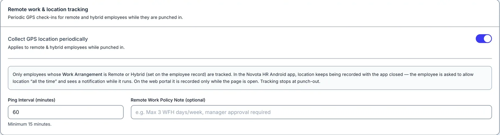 Remote work and location tracking settings with the ping interval set to 60 minutes