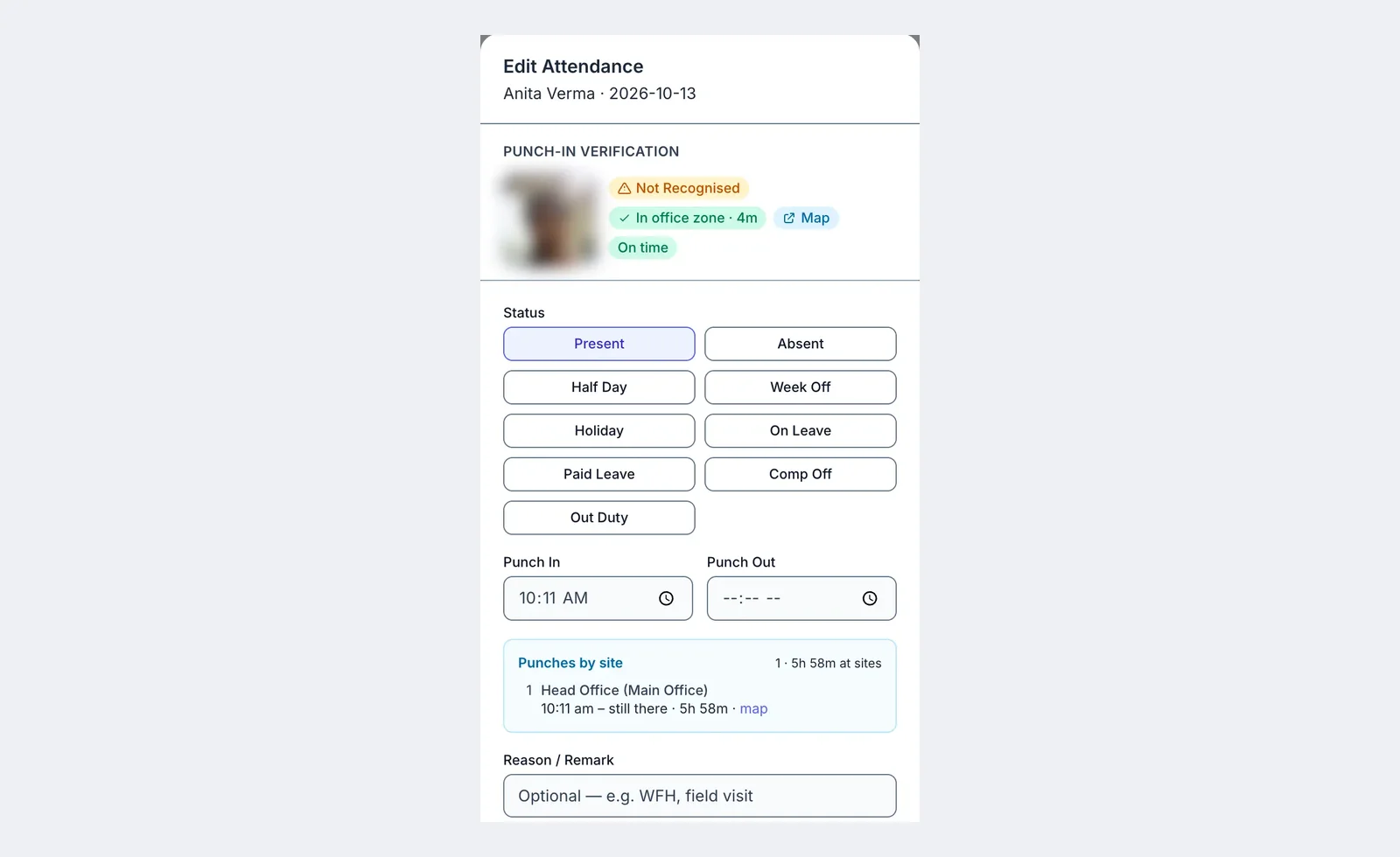 Edit Attendance showing punch-in verification, an in-zone badge with distance, and punches by site for the day