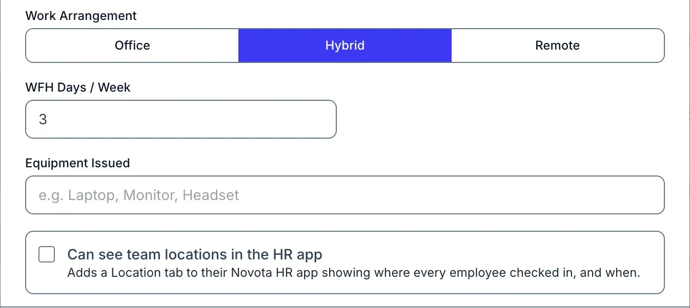 Employee edit screen with Office, Hybrid and Remote work arrangement options and the team locations permission