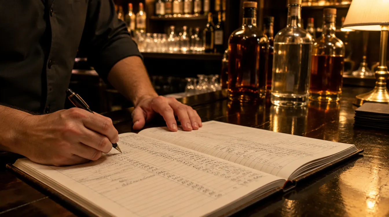 Bar manager writing stock figures into a ledger register on the bar counter after closing