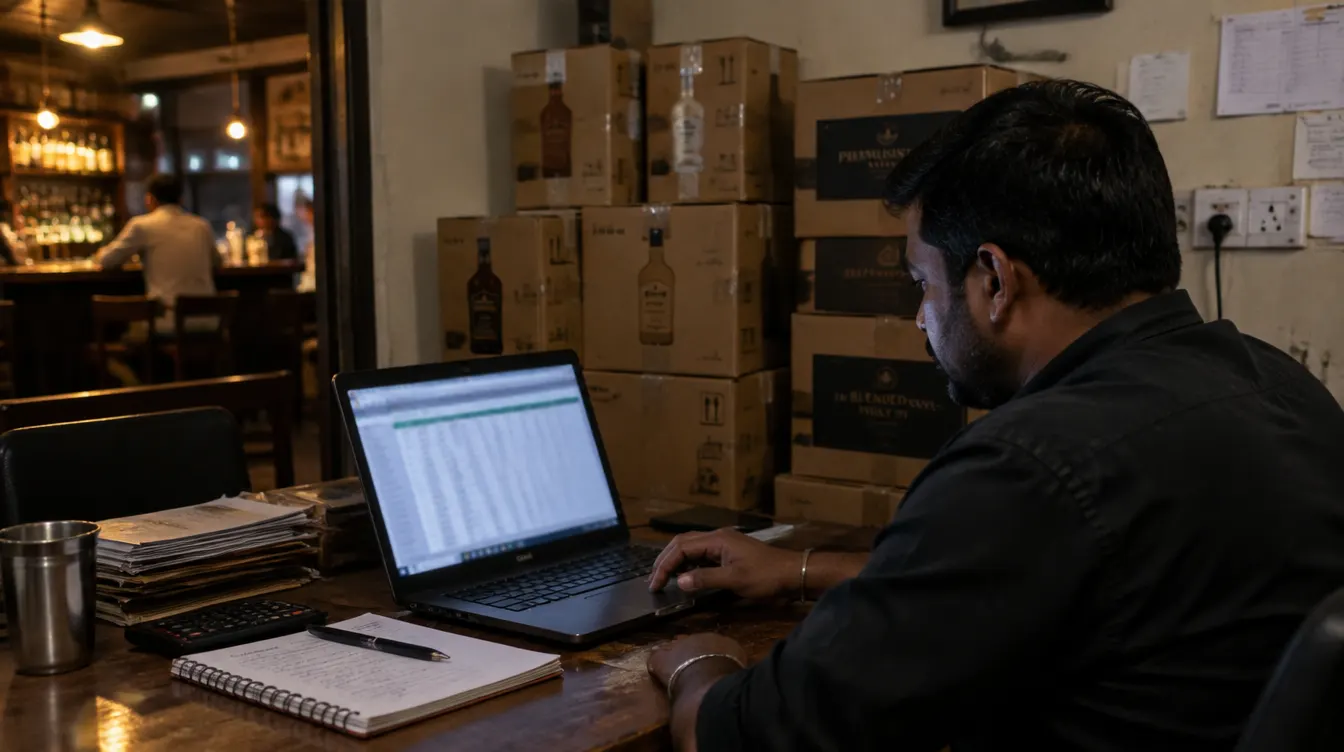 Bar owner reviewing the monthly stock return on a laptop, with sealed liquor cartons behind