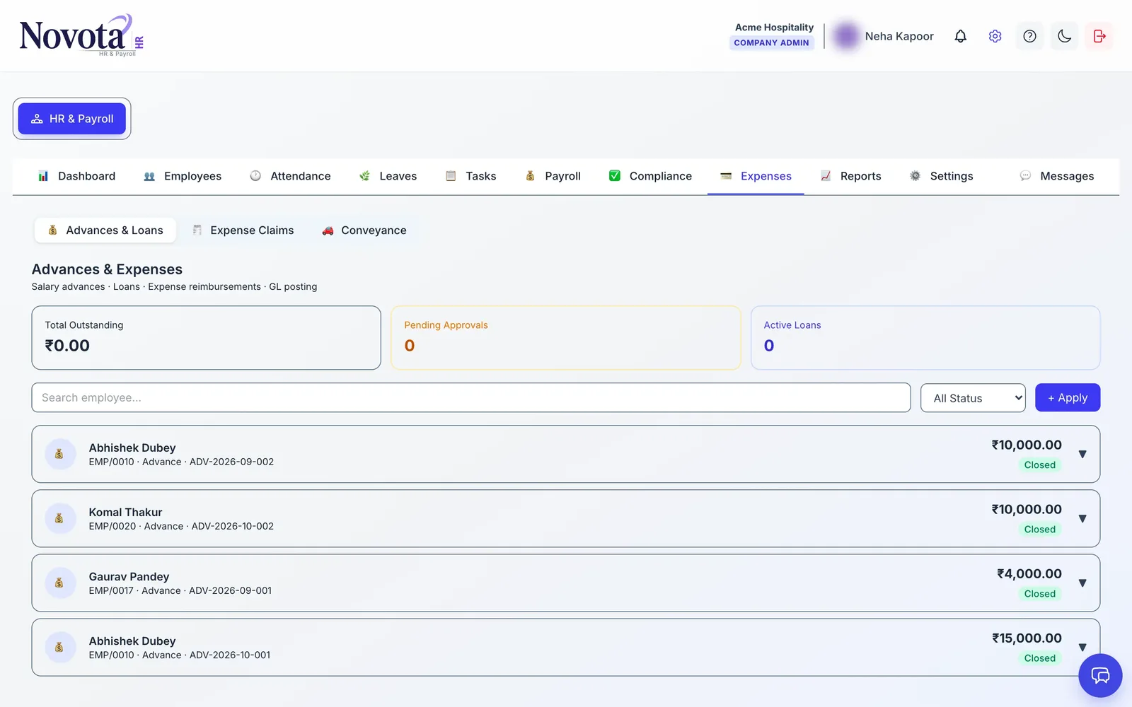 Advances and loans screen showing outstanding amount, pending approvals and closed advances per employee