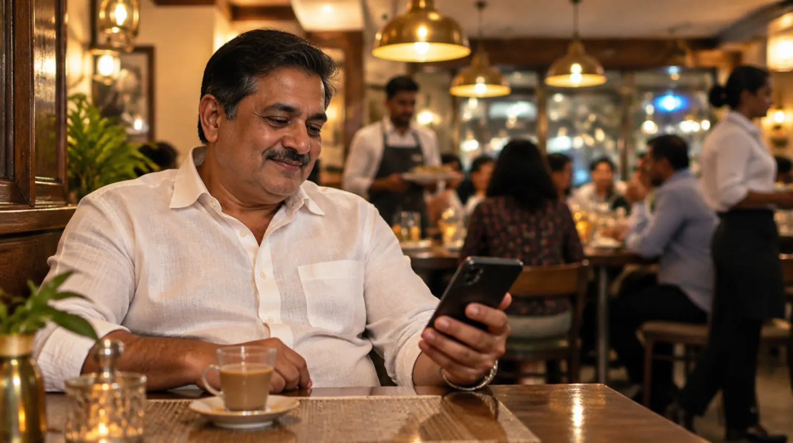 An owner checking attendance and payroll on a phone in a busy restaurant
