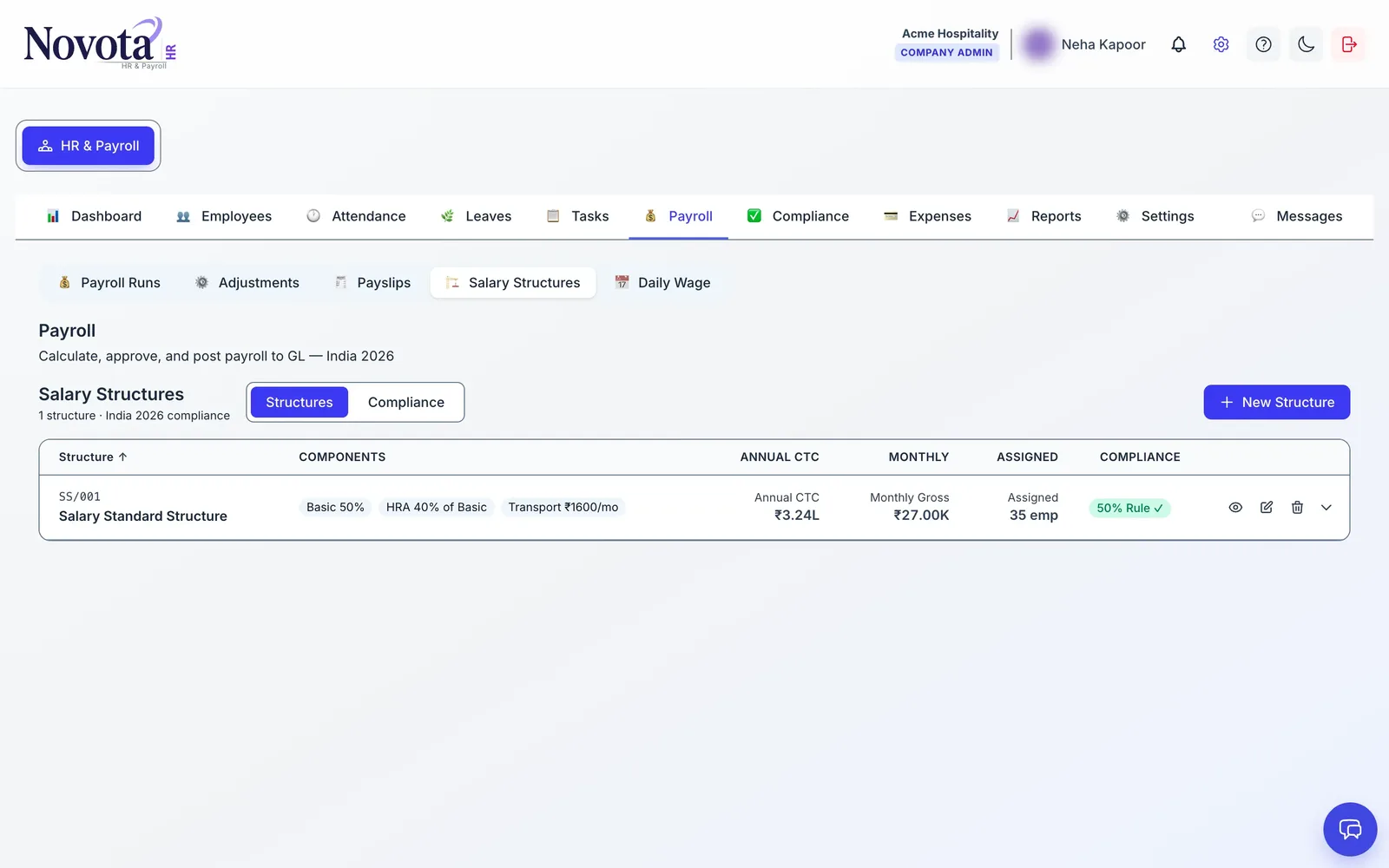 Salary structure screen showing Basic 50%, HRA 40% of basic and a 50% rule check