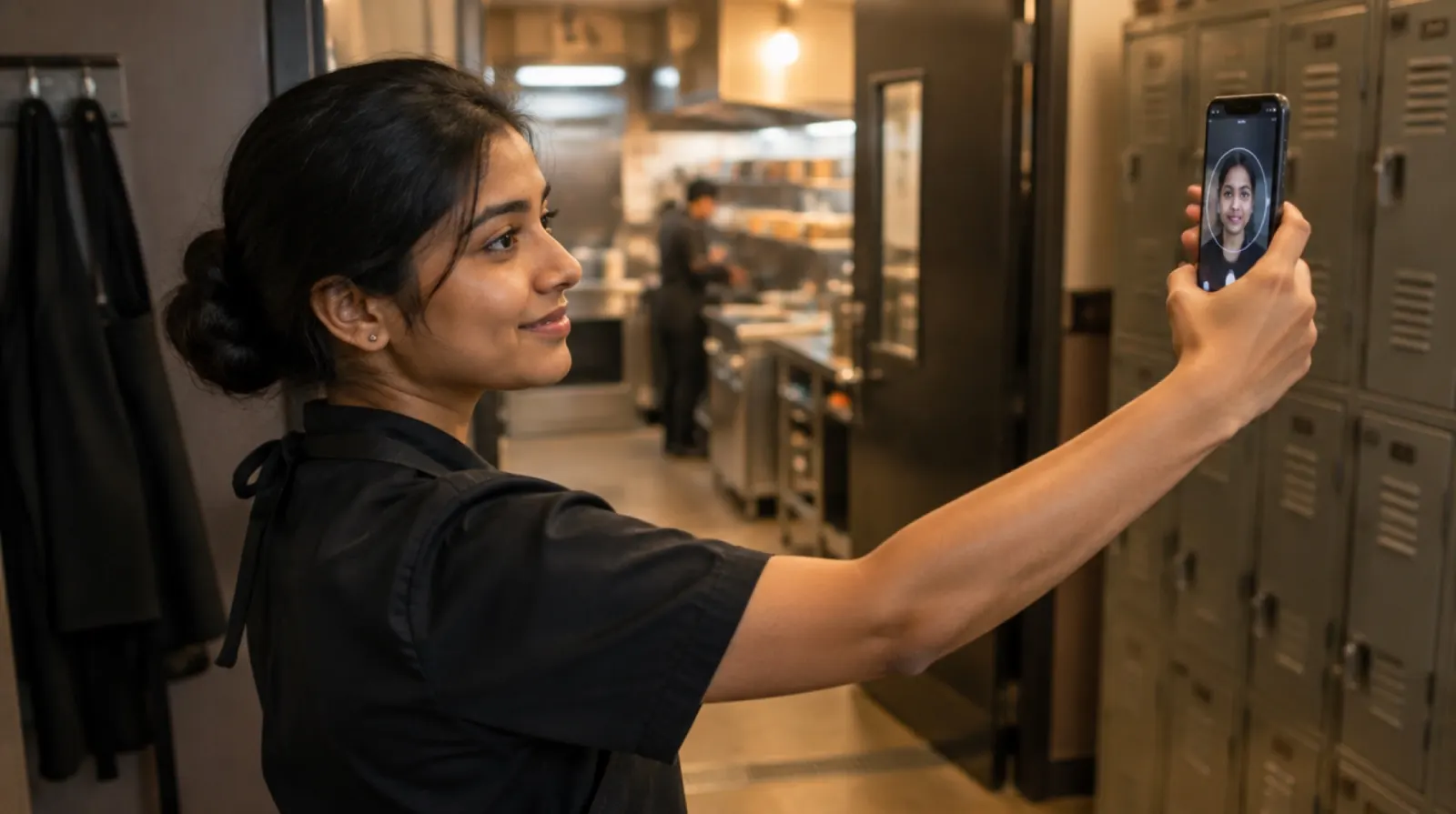 A staff member taking a selfie to punch in at the start of her shift