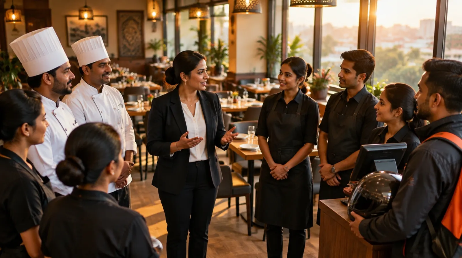 A restaurant manager briefing kitchen and floor staff before service