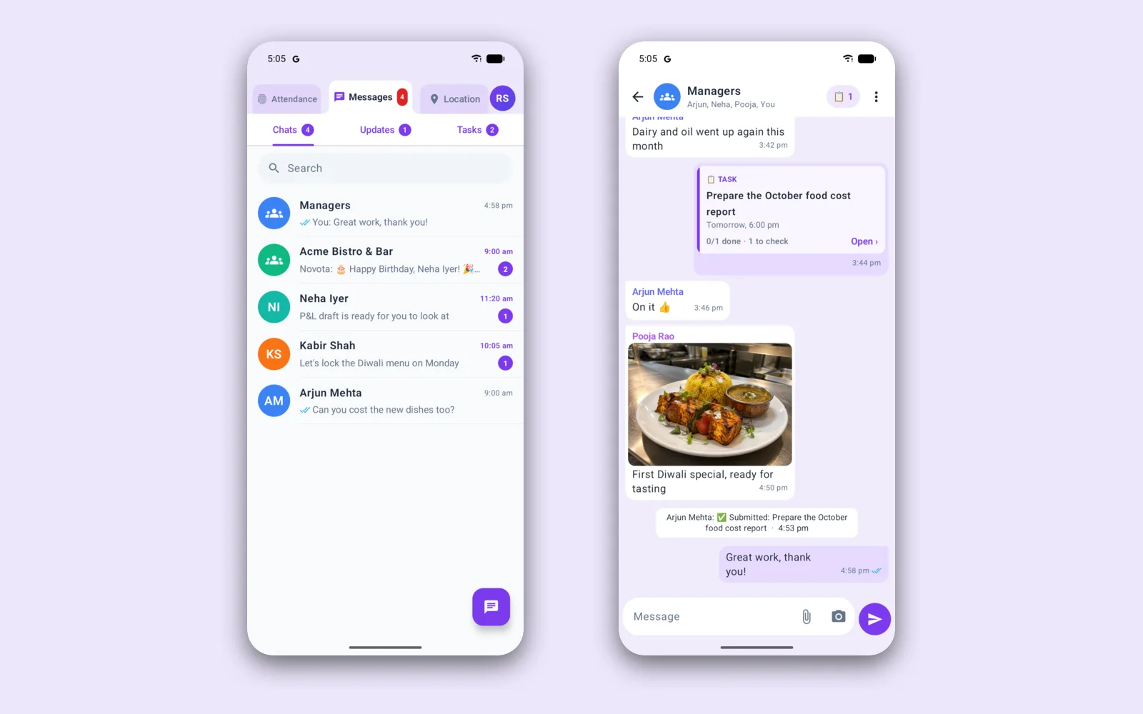 The chats list with team groups and personal chats, and a managers' group where a task card, a dish photo and replies appear in the conversation