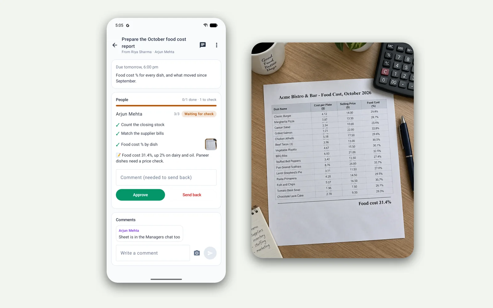 A manager reviewing a completed food cost report task with three ticked steps, a note and a photo, next to the photographed food cost sheet