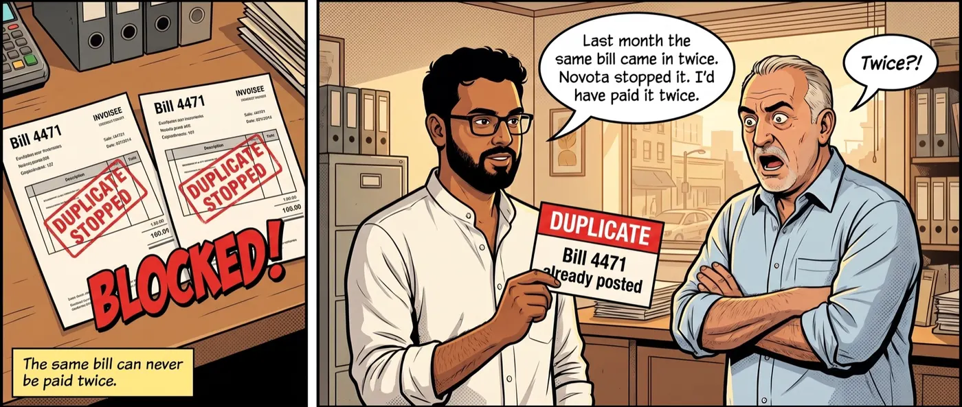Comic panel: a duplicate bill blocked with a 'Duplicate stopped' stamp