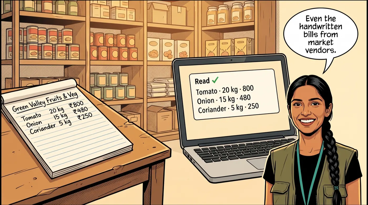 Comic panel: handwritten produce bill read into tomato, onion and coriander lines