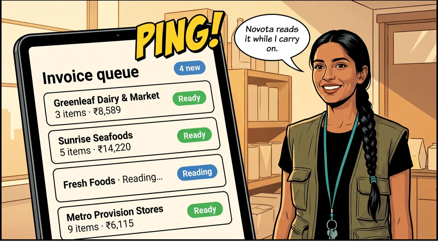 Comic panel: an invoice queue on a tablet with supplier bills marked ready