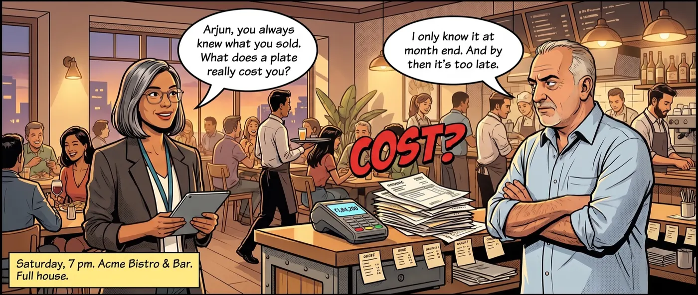 Comic panel: a manager asks the owner what a plate really costs on a busy Saturday night