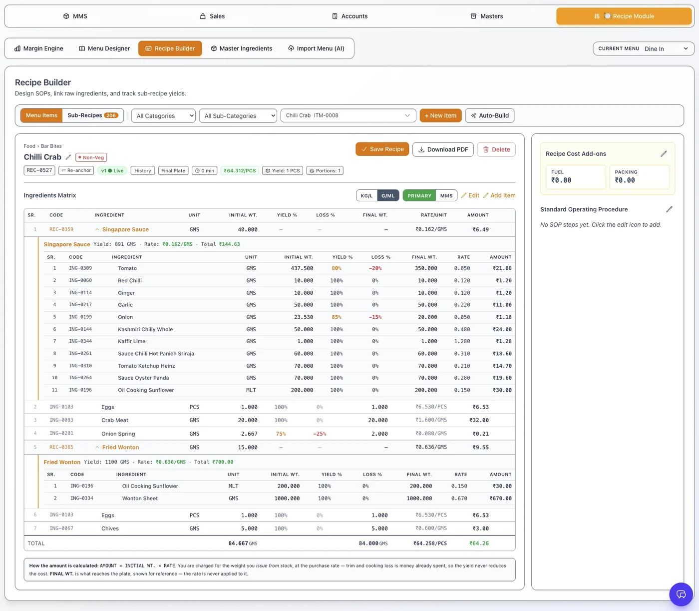 Recipe Builder with a dish's ingredients, sub-recipes, yields and cost per portion