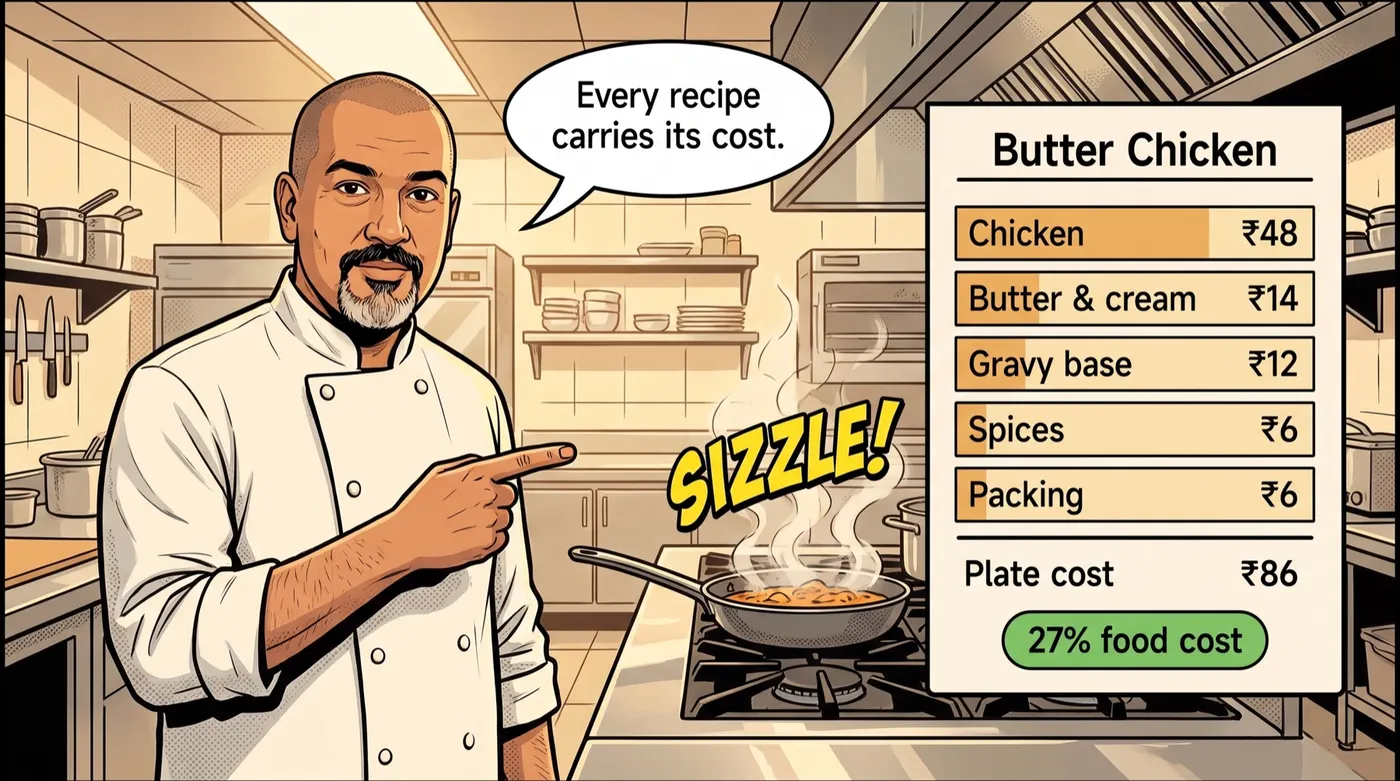 Comic panel: a chef next to a butter chicken cost card showing a ₹86 plate cost and 27% food cost