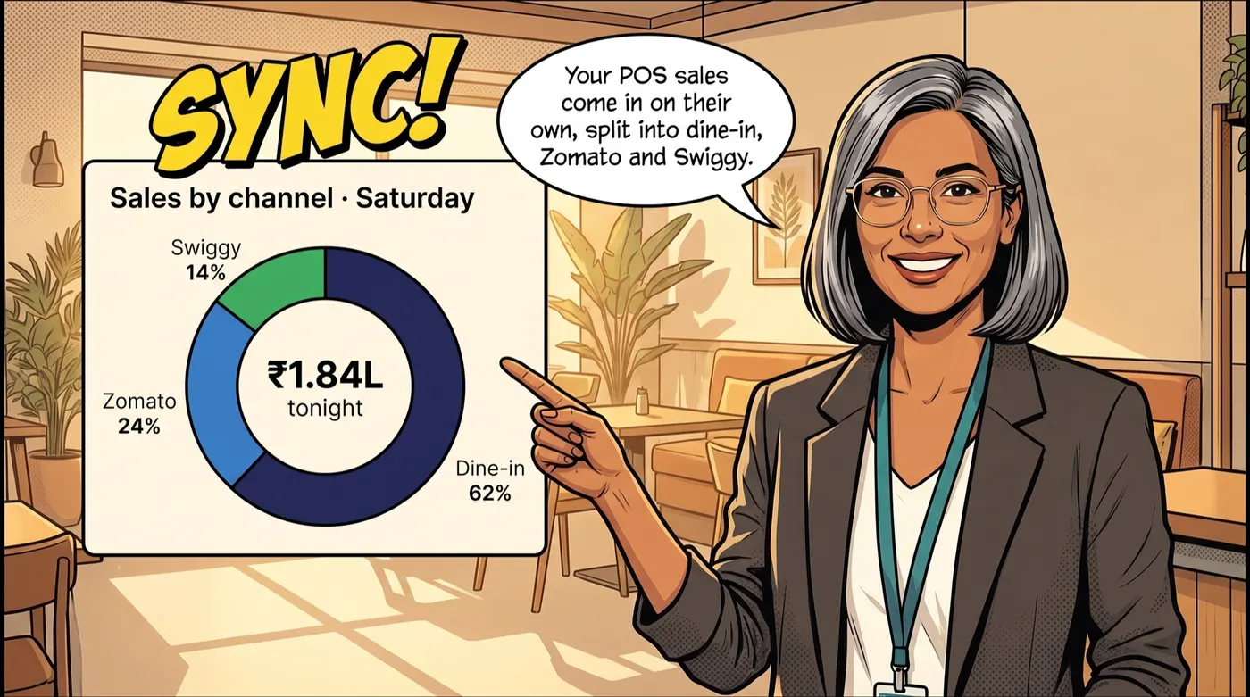 Comic panel: sales by channel for a Saturday, split into dine-in, Zomato and Swiggy