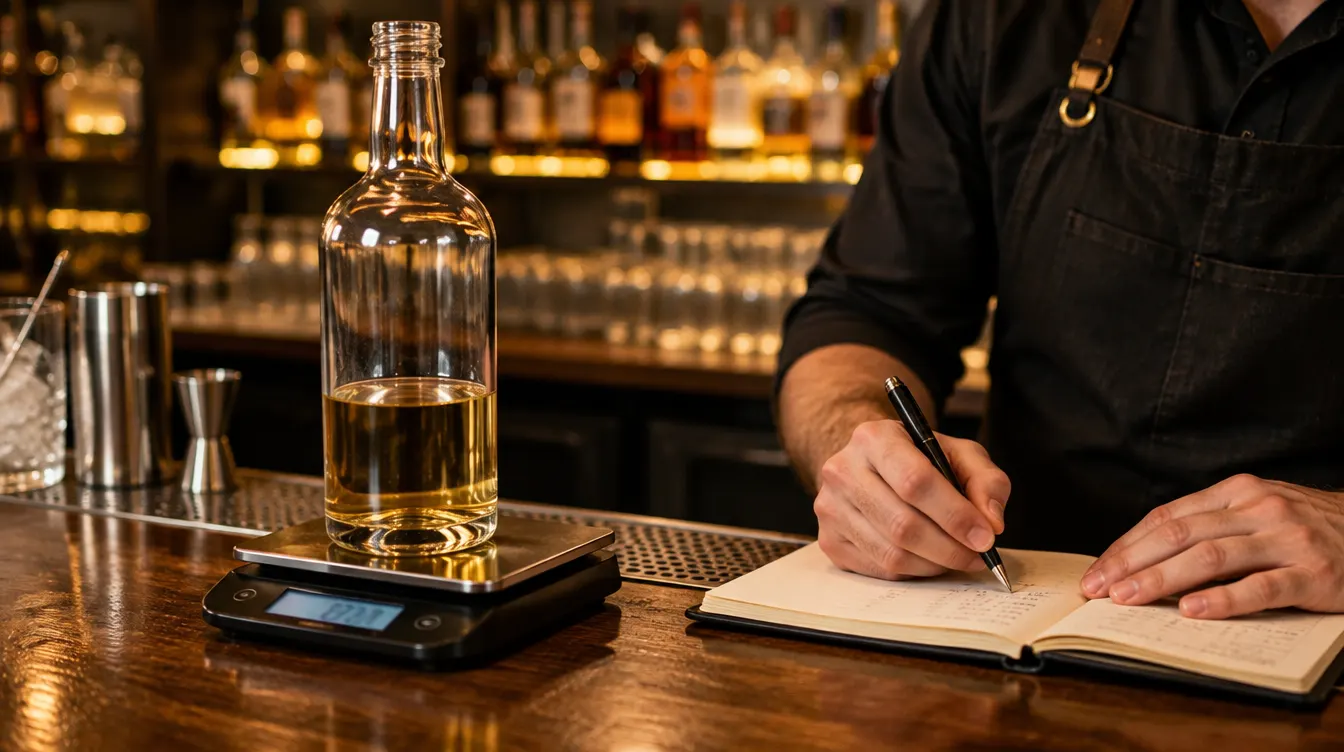 Open spirits bottle on a digital scale while the bartender notes the weight