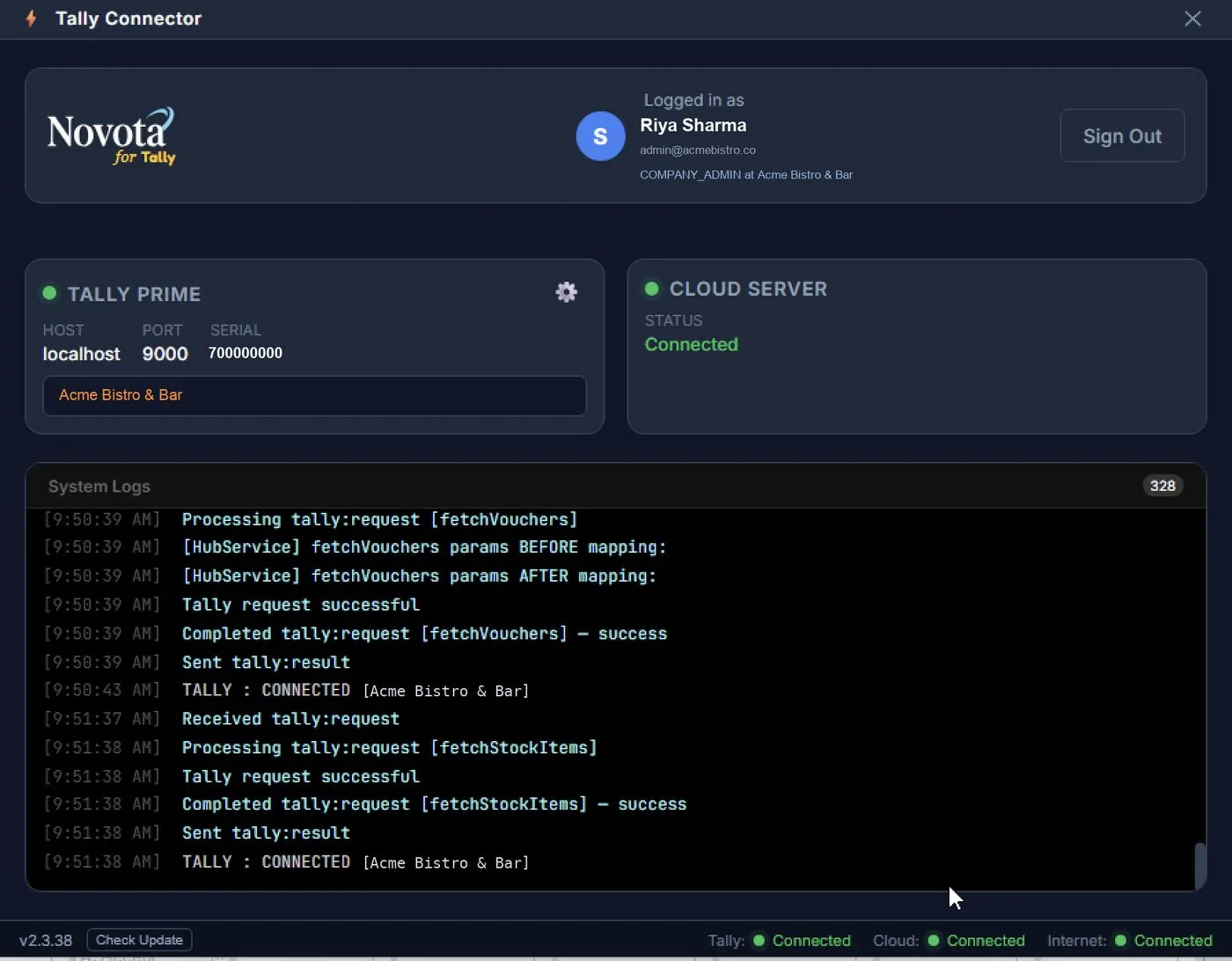 Tally Connector app showing Tally Prime and the cloud server connected