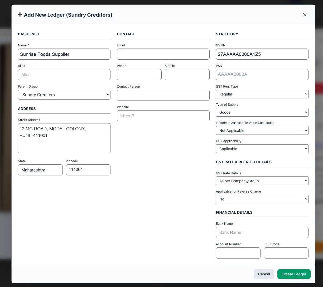 Add New Ledger form pre-filled with the supplier's GSTIN, address and state