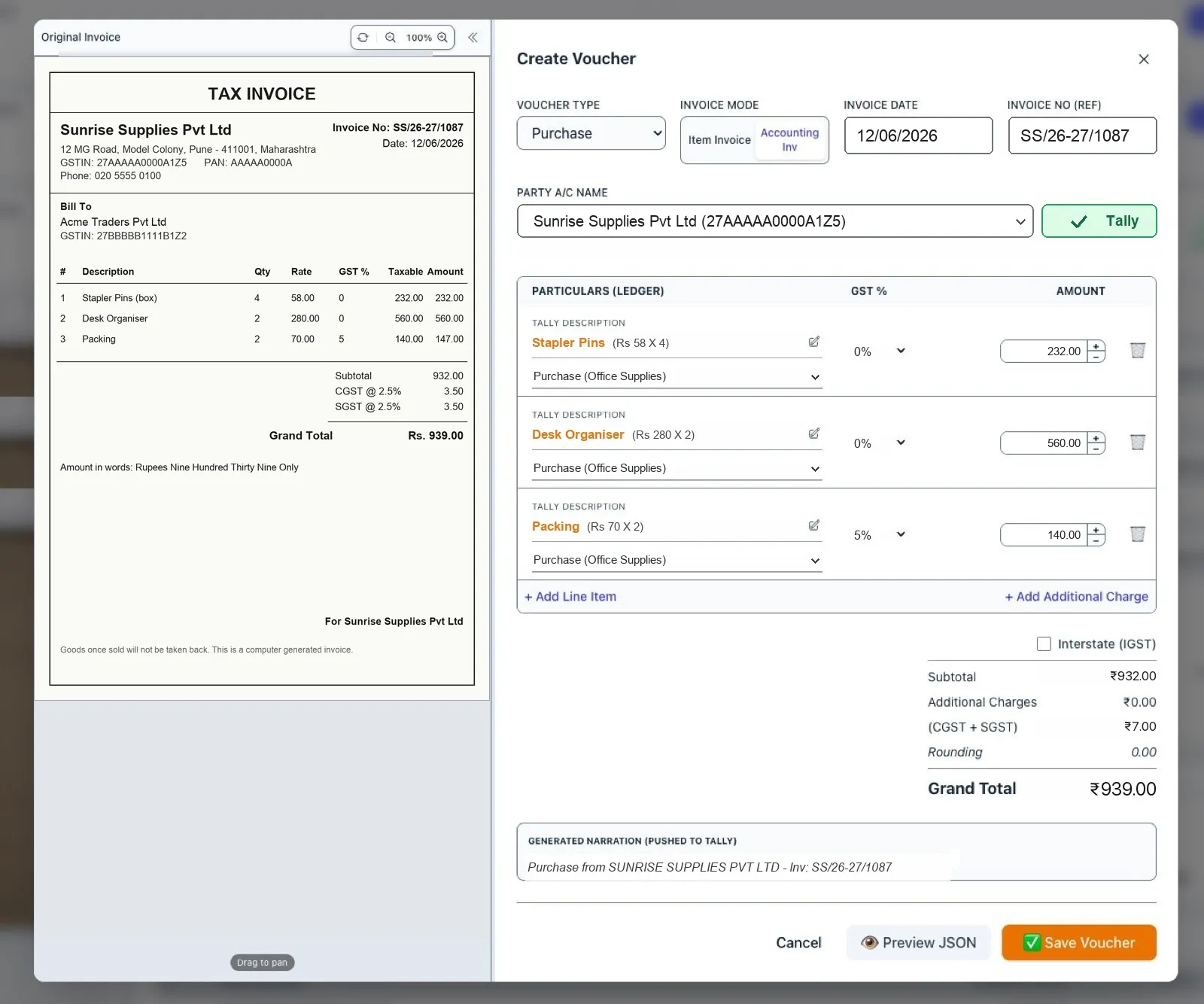 Create Voucher screen with each line mapped to a Tally purchase ledger and GST rates set