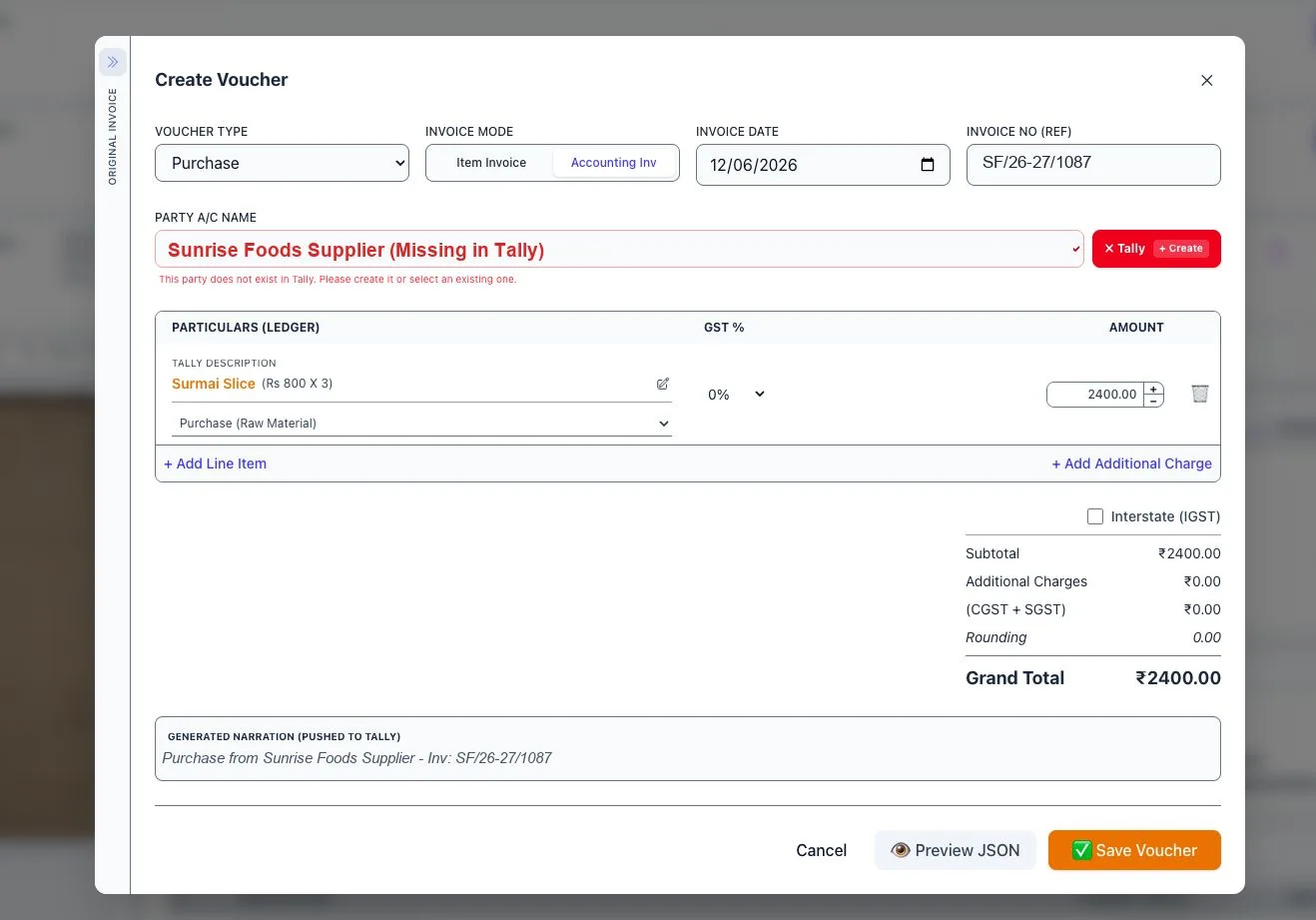 Create Voucher showing a supplier marked as missing in Tally, with a Create button