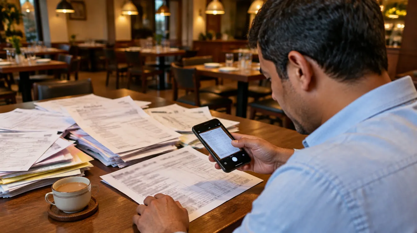 A restaurant owner photographing a stack of supplier bills at a table