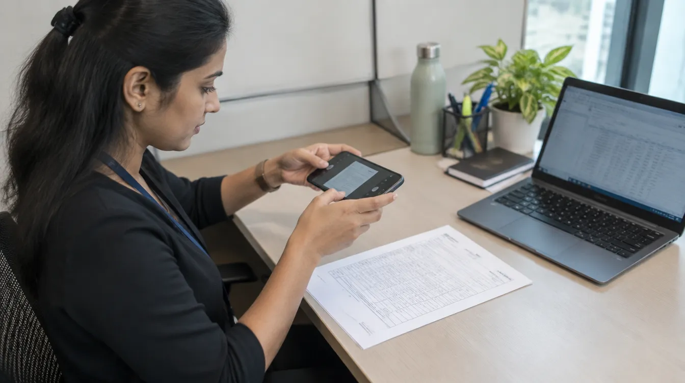 An accountant photographing a supplier invoice with a phone at her desk