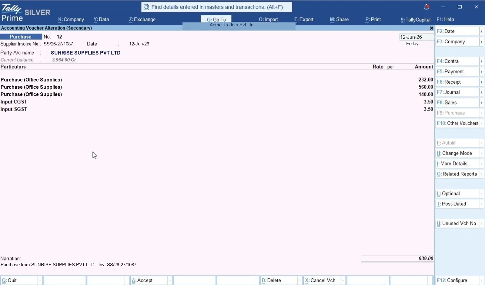 The same purchase voucher inside Tally Prime with purchase lines, Input CGST, Input SGST and narration